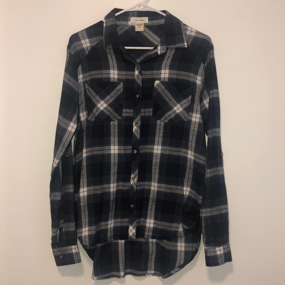 blue and white flannel. NEVER WORN!!